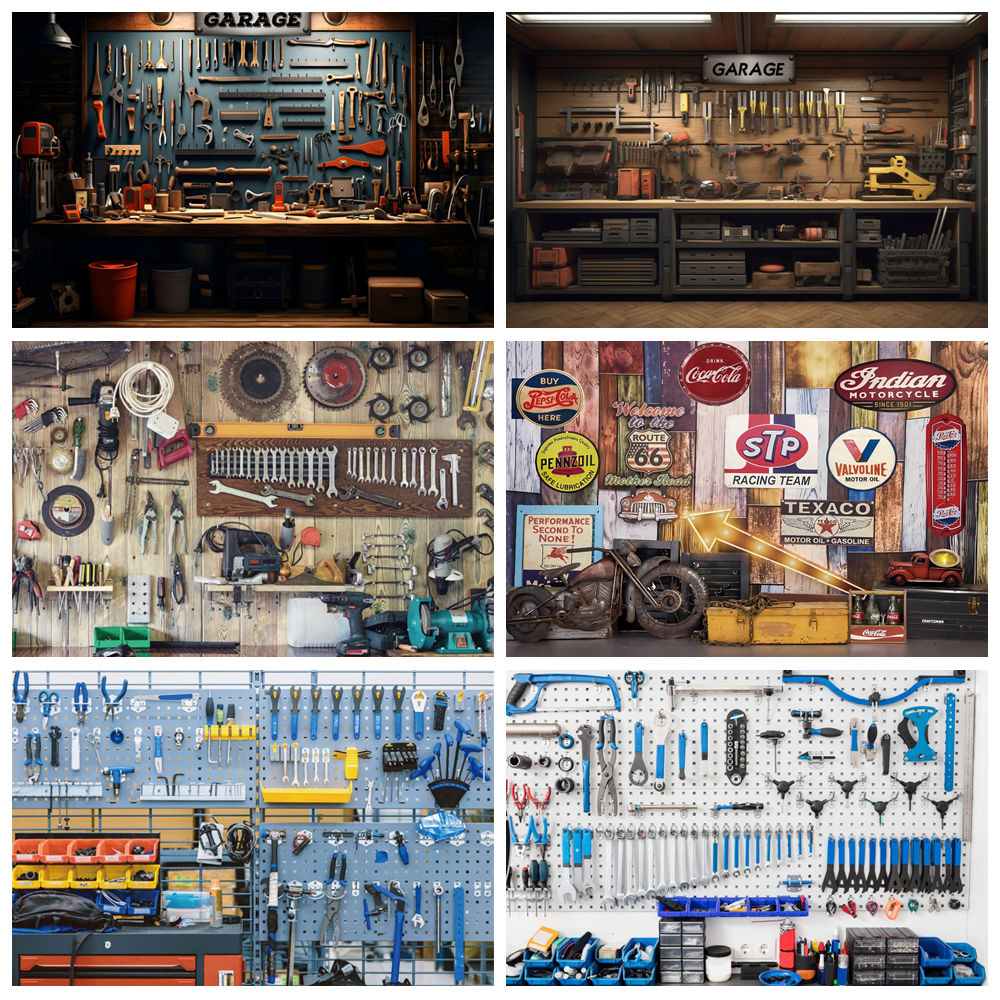 Workshop Tools Background - Pano de fundo de garagem vintage,