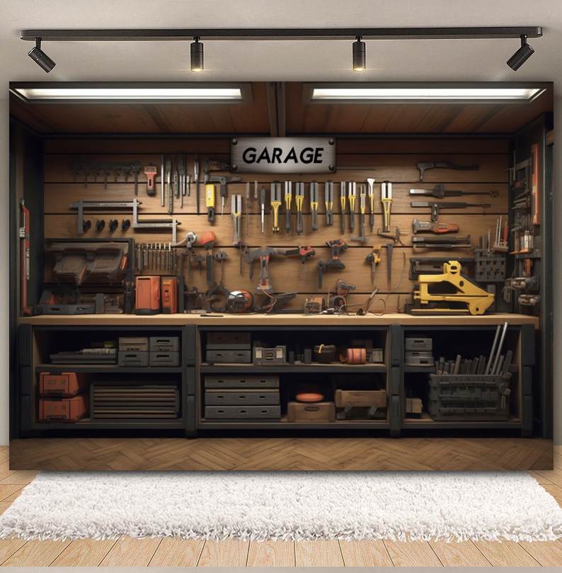 Pano de fundo de garagem vinta - Workshop Tools Background avaliação e preço